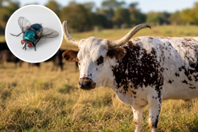 Photo of a Texas Longhorn and a New world screwworm fly